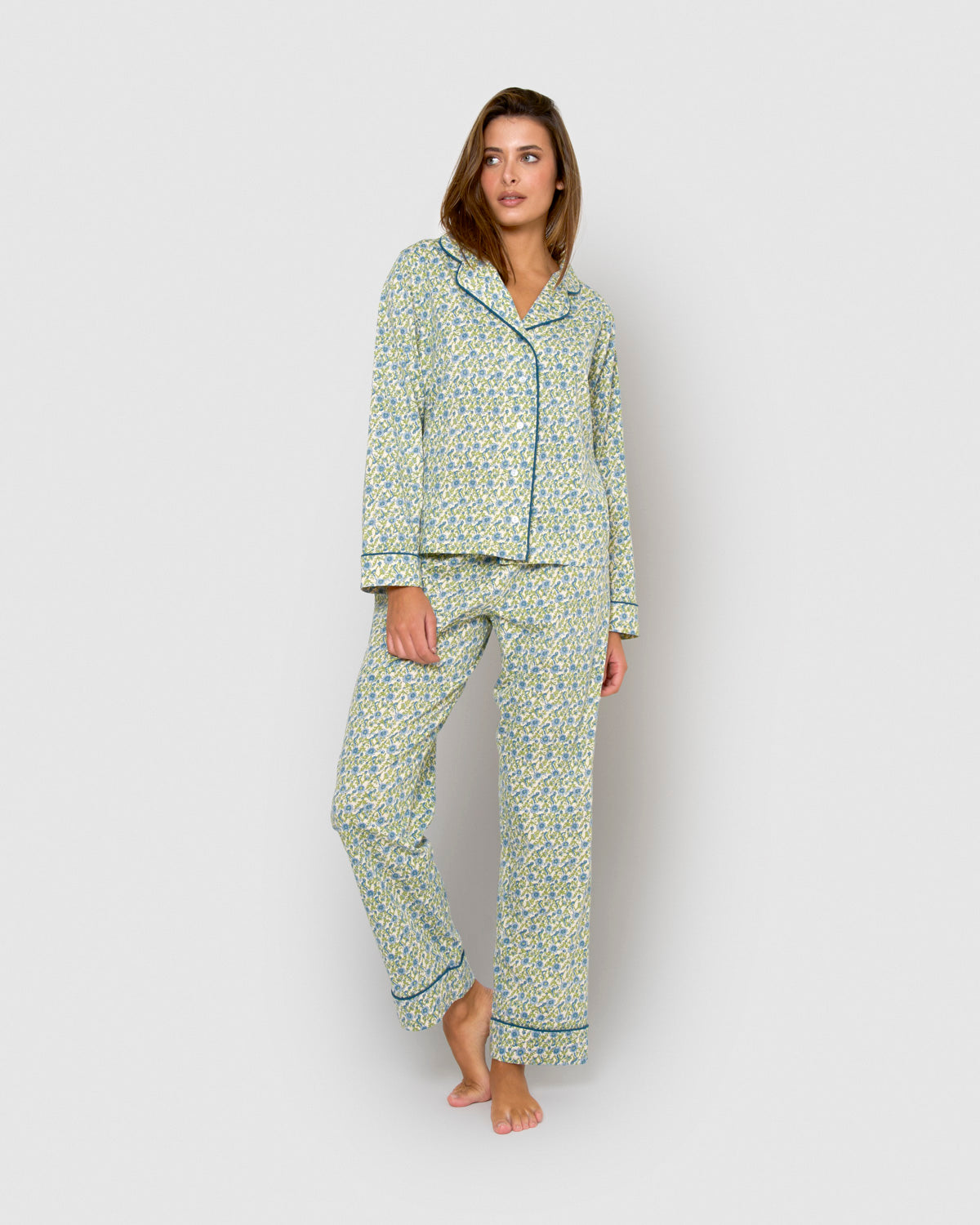 Pijama largo camisero de mujer de algodón irene azul