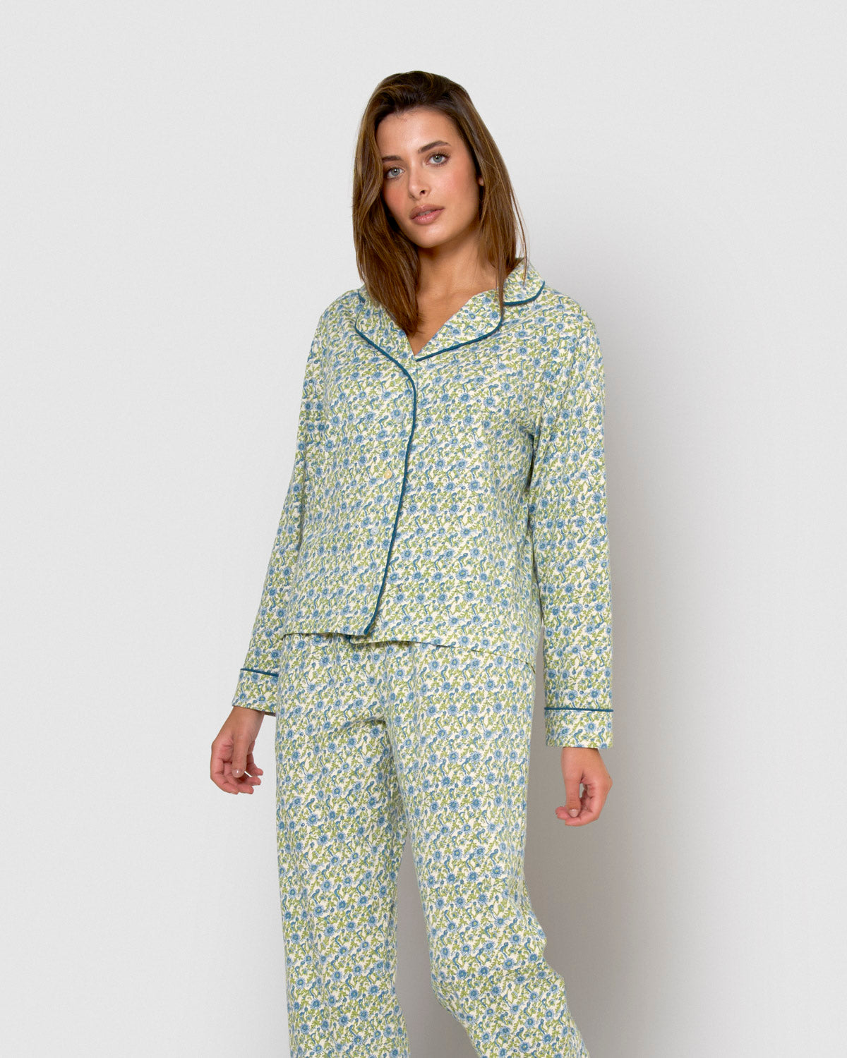Pijama largo camisero de mujer de algodón irene azul