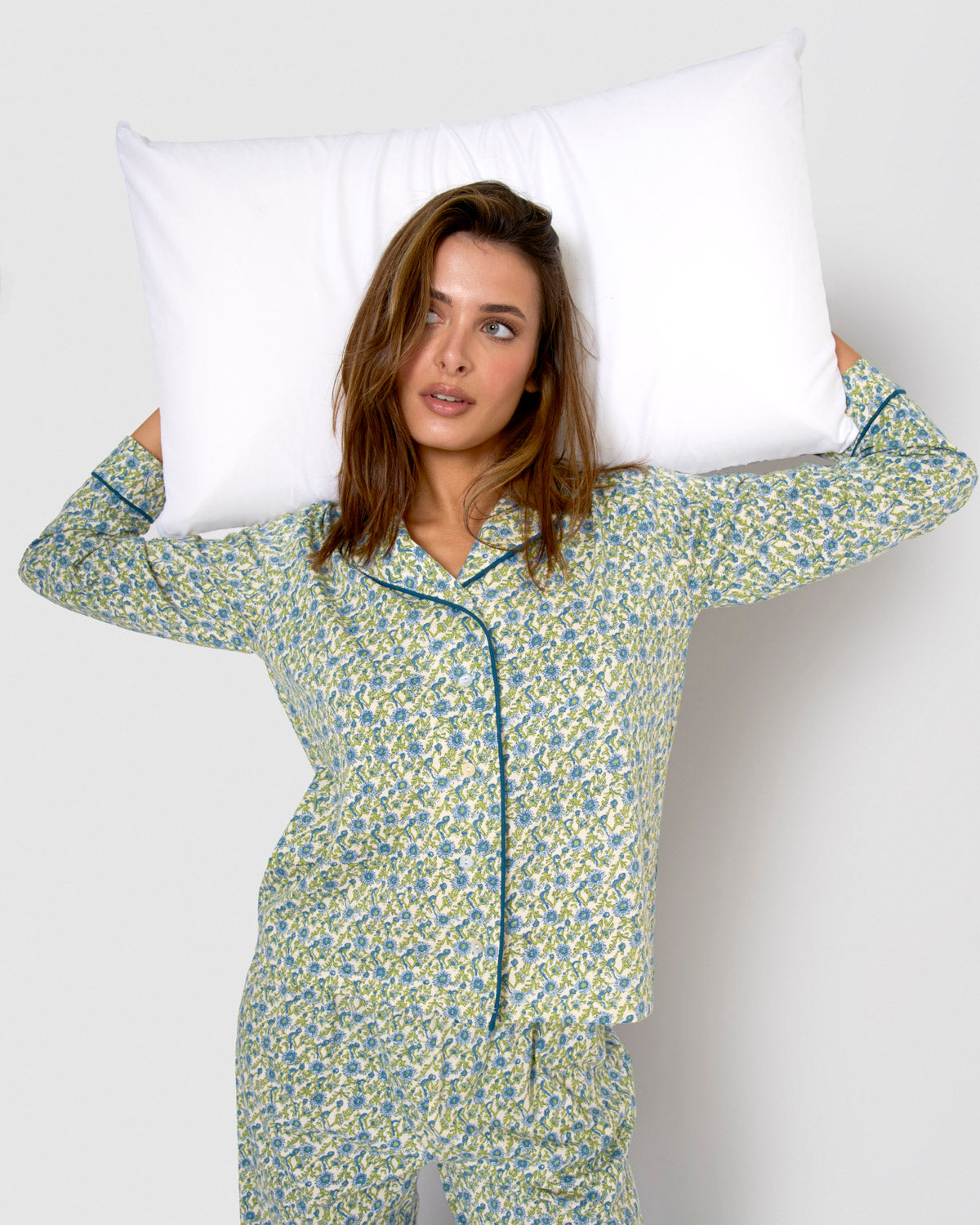 Pijama largo camisero de mujer de algodón irene azul