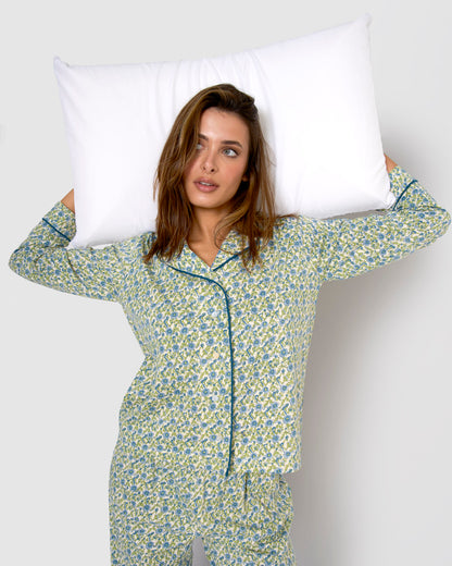Pijama largo camisero de mujer de algodón irene azul