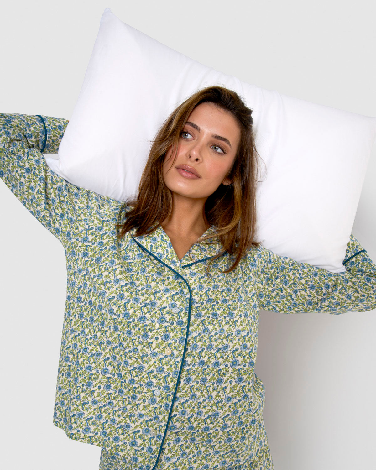 Pijama largo camisero de mujer de algodón irene azul