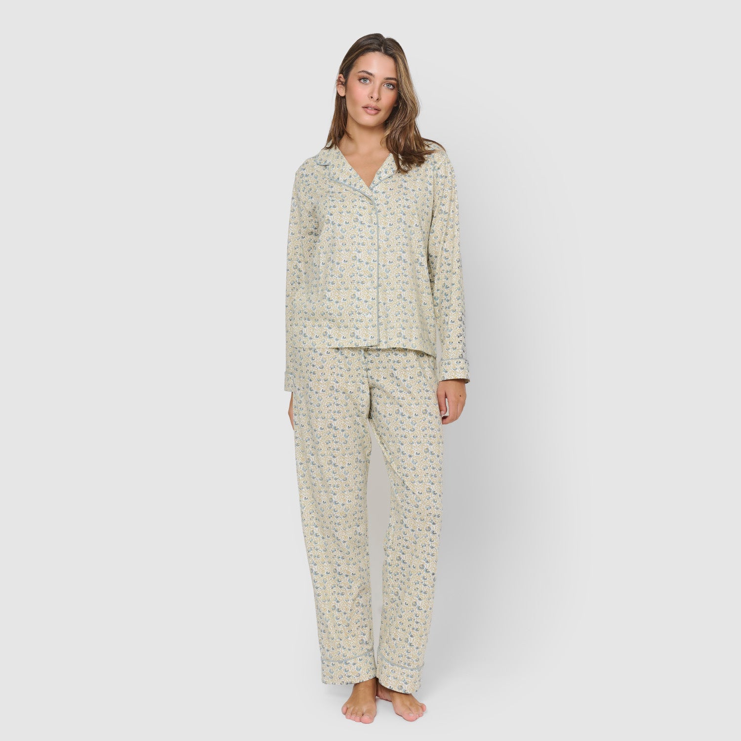 Pijama largo camisero de mujer de algodón azul domana agua
