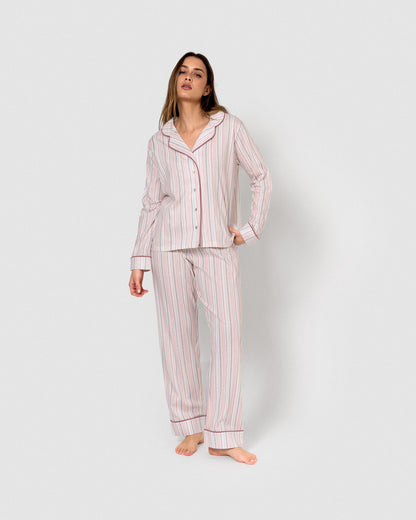 Pyjama long en coton style chemise, à rayures mauve/rose apaisantes