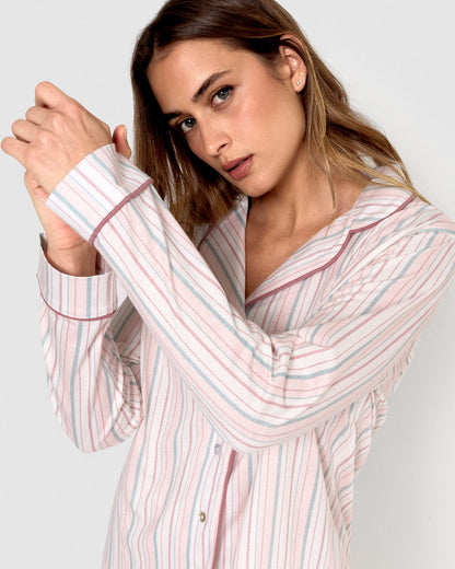 Pyjama long en coton style chemise, à rayures mauve/rose apaisantes
