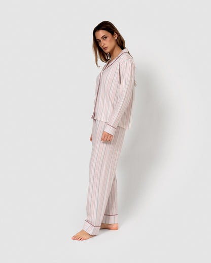 Pyjama long en coton style chemise, à rayures mauve/rose apaisantes