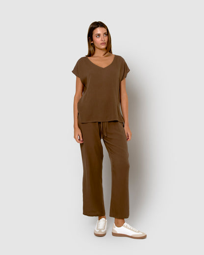 Camisa mujer bambula detalles plisados marrón