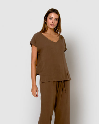 Camisa mujer bambula detalles plisados marrón