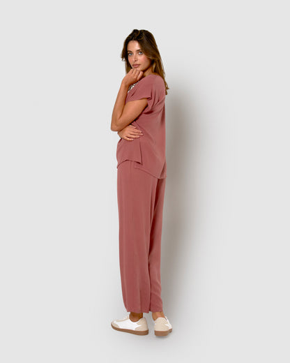 Camisa mujer bambula detalles plisados rosa