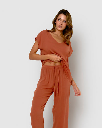 Camisa mujer bambula detalles plisados teja