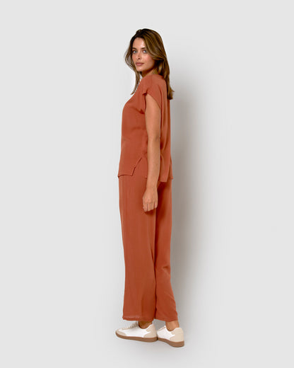 Camisa mujer bambula detalles plisados teja