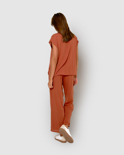 Camisa mujer bambula detalles plisados teja