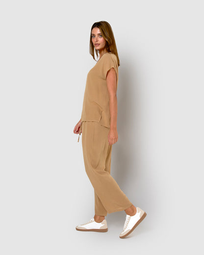 Camisa mujer bambula detalles plisados camel