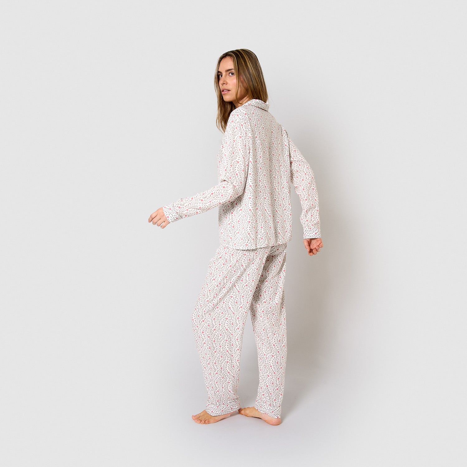 Pijama largo camisero de viscosa zulu verde seco/rosette