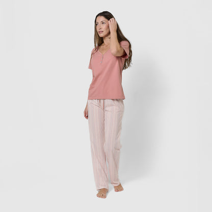 Pijama largo de algodón manga corta escote pico raya martuca rosa