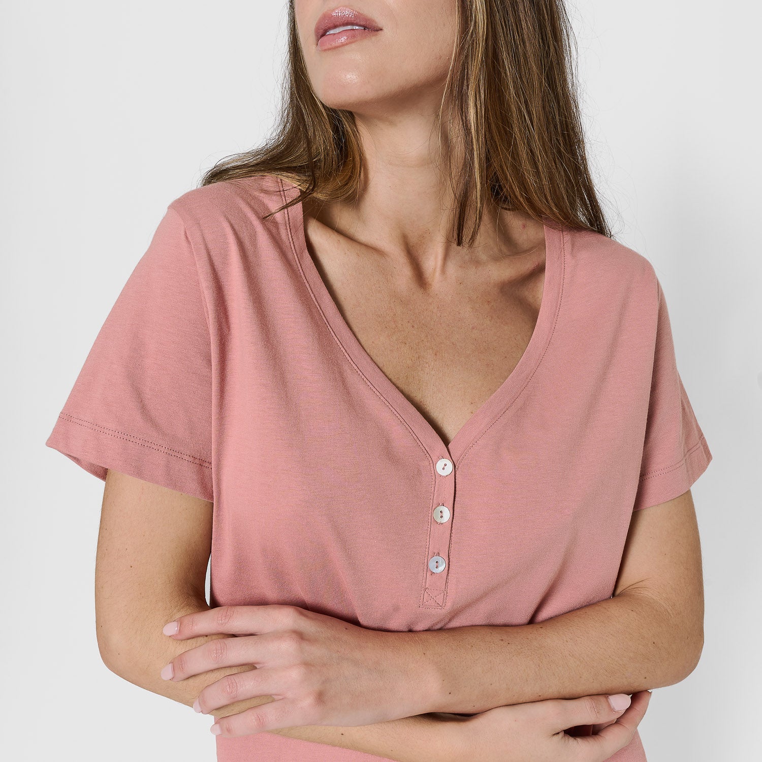 Pijama largo de algodón manga corta escote pico raya martuca rosa