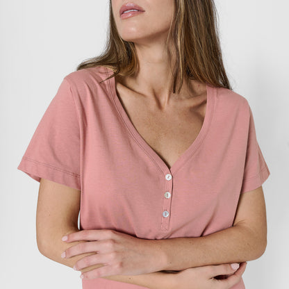 Pijama largo de algodón manga corta escote pico raya martuca rosa