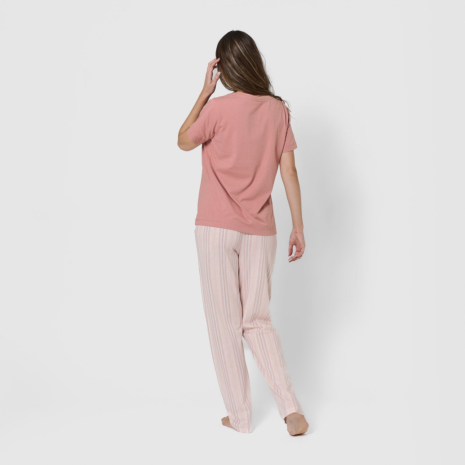 Pijama largo de algodón manga corta escote pico raya martuca rosa