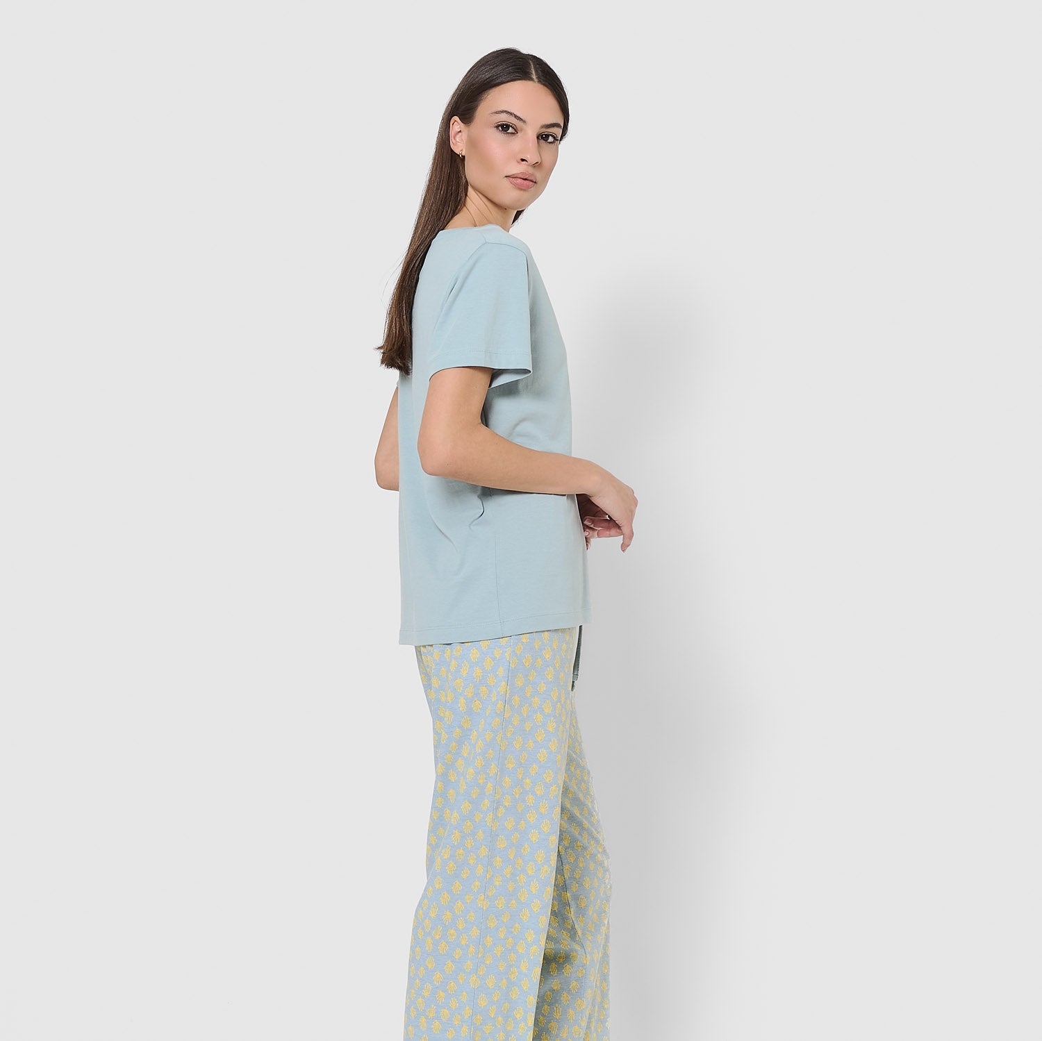 Pijama longo de algodão Eladia, azul água