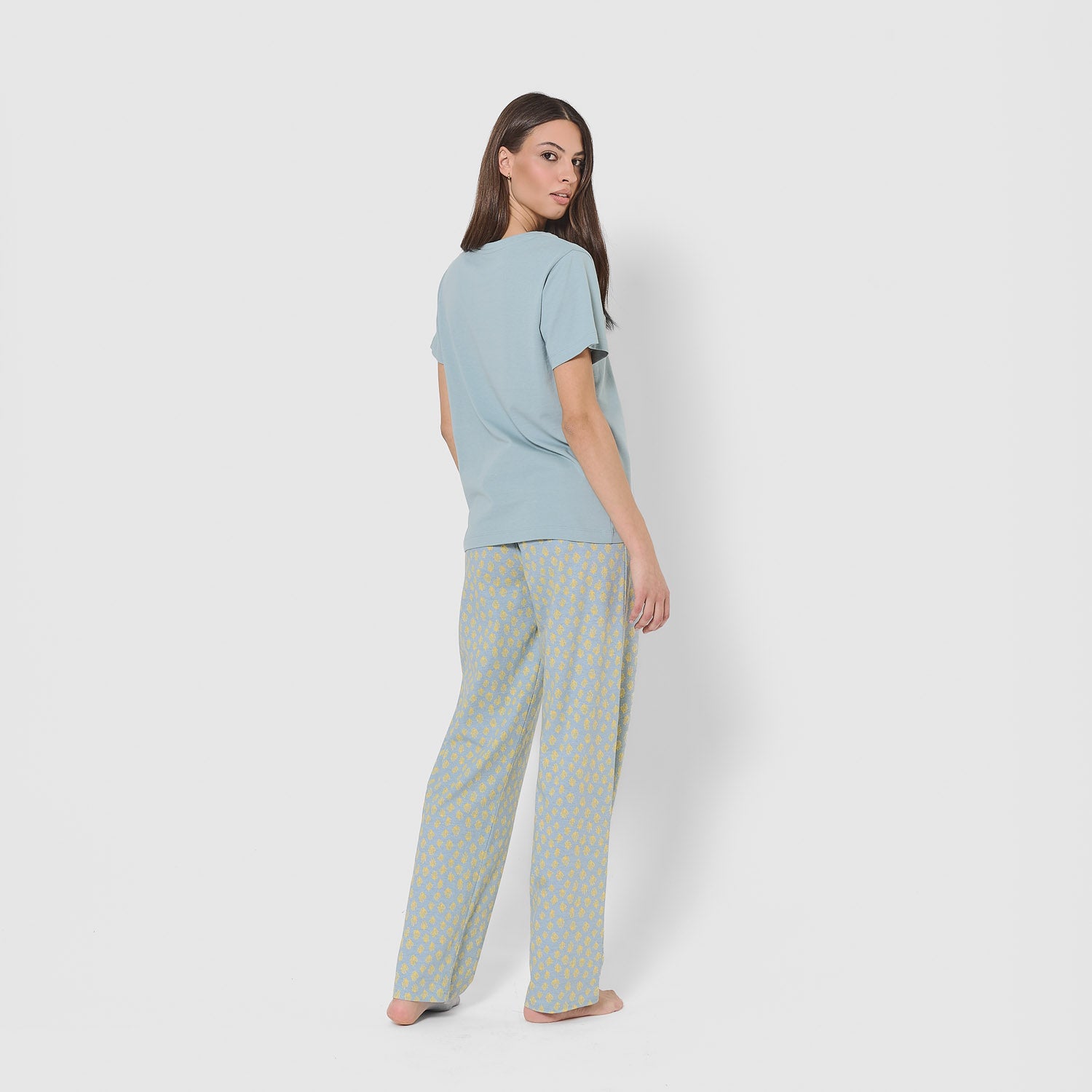 Pijama longo de algodão Eladia, azul água