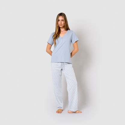 Pijama comprido de algodão com mangas curtas e decote em V, azul arubi