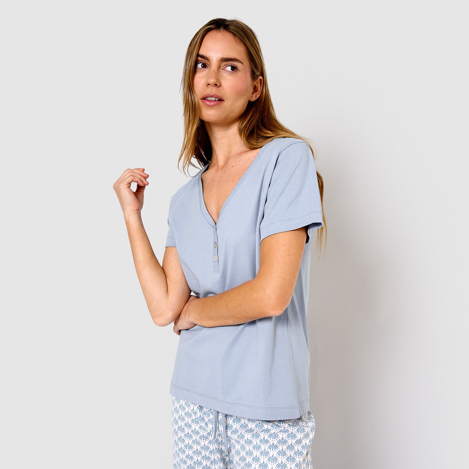 Pijama comprido de algodão com mangas curtas e decote em V, azul arubi
