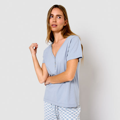 Pijama comprido de algodão com mangas curtas e decote em V, azul arubi