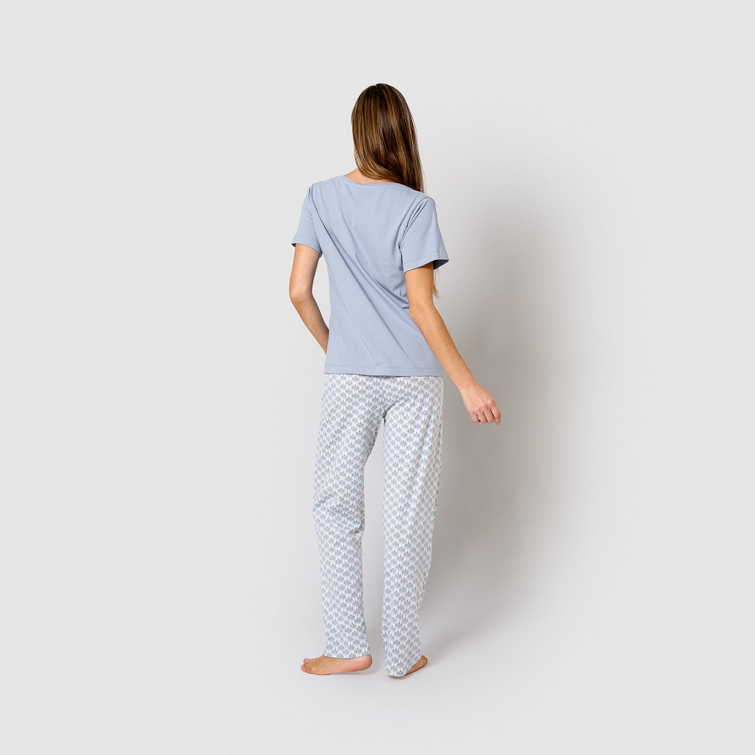 Pijama comprido de algodão com mangas curtas e decote em V, azul arubi