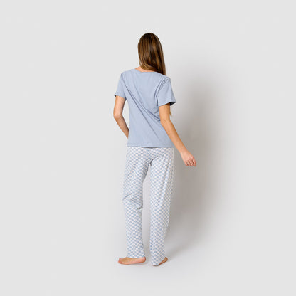 Pijama comprido de algodão com mangas curtas e decote em V, azul arubi