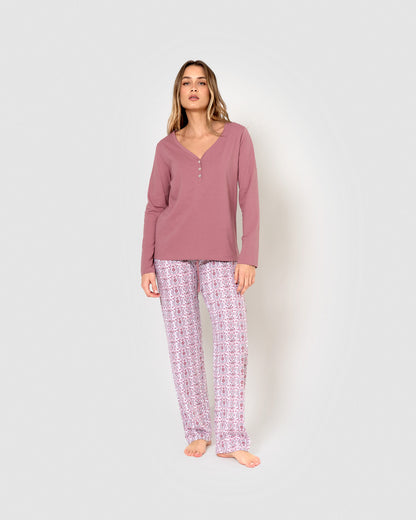 Pijama largo de algodón con escote pico mia rosa