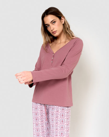 Pijama largo de algodón con escote pico mia rosa