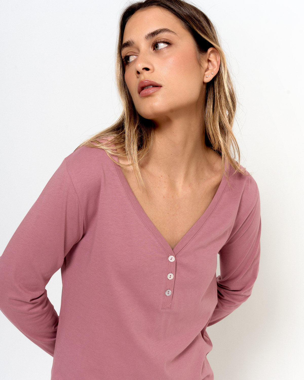 Mia pink long cotton pajamas with V-neck
