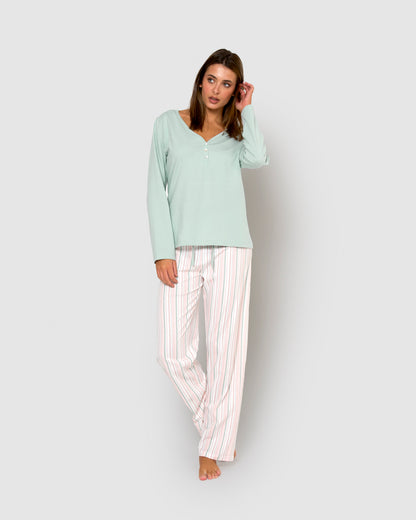 Pyjama long en coton bleu sarcelle serein avec col en V