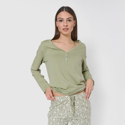 Pijama comprido de algodão com decote em V, verde Elma