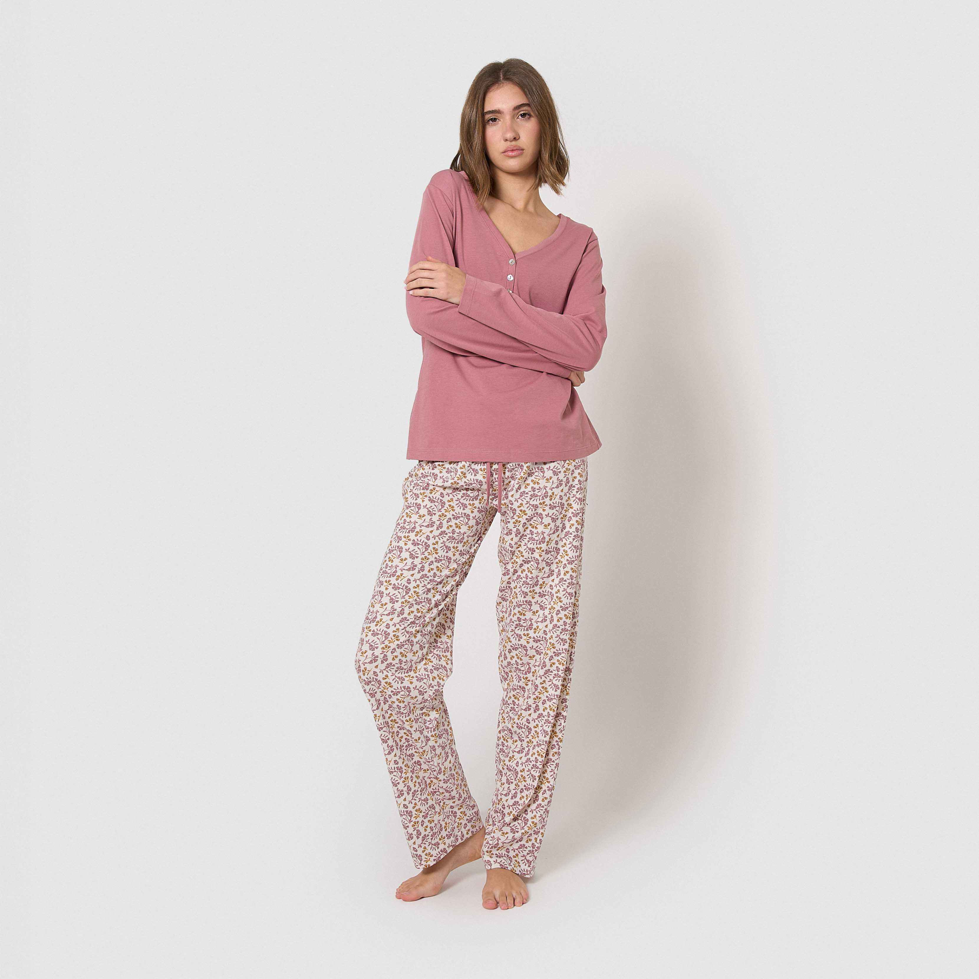 Pijama largo de algodón con escote pico selvana rosa