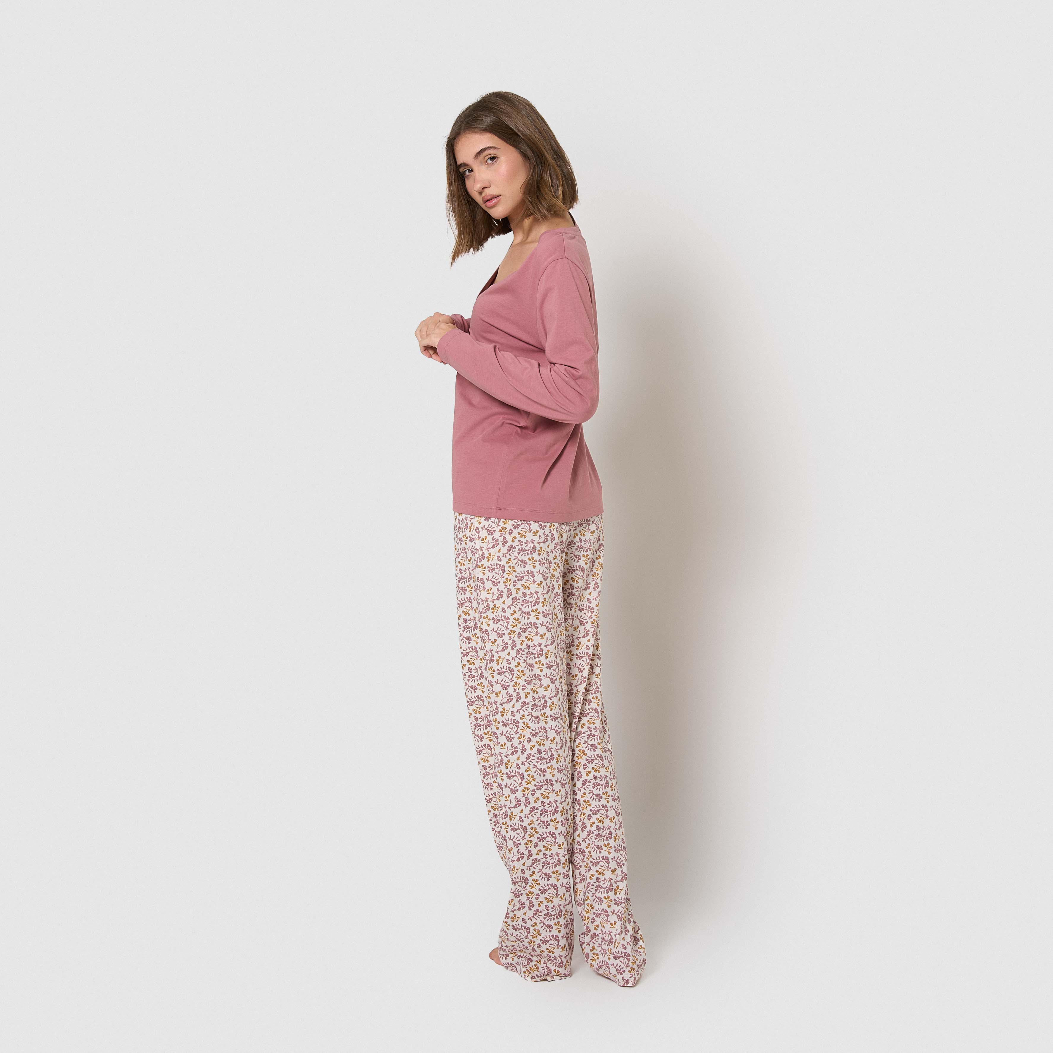 Pijama largo de algodón con escote pico selvana rosa