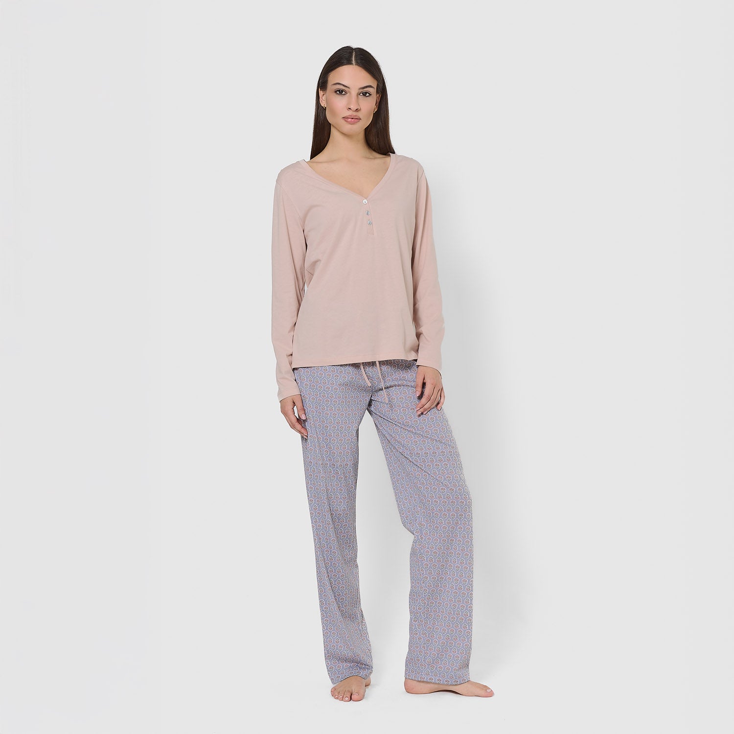 Pijama largo de algodón con escote pico milena rosa