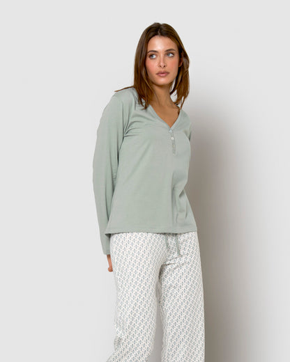 Pijama largo de algodón con escote pico nerdana verde menta