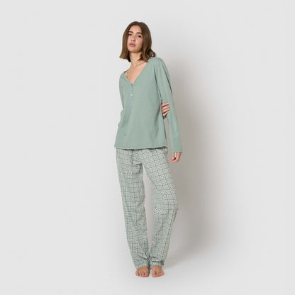 Pigiama lungo in cotone Sagittario verde Tiffany con scollo a V