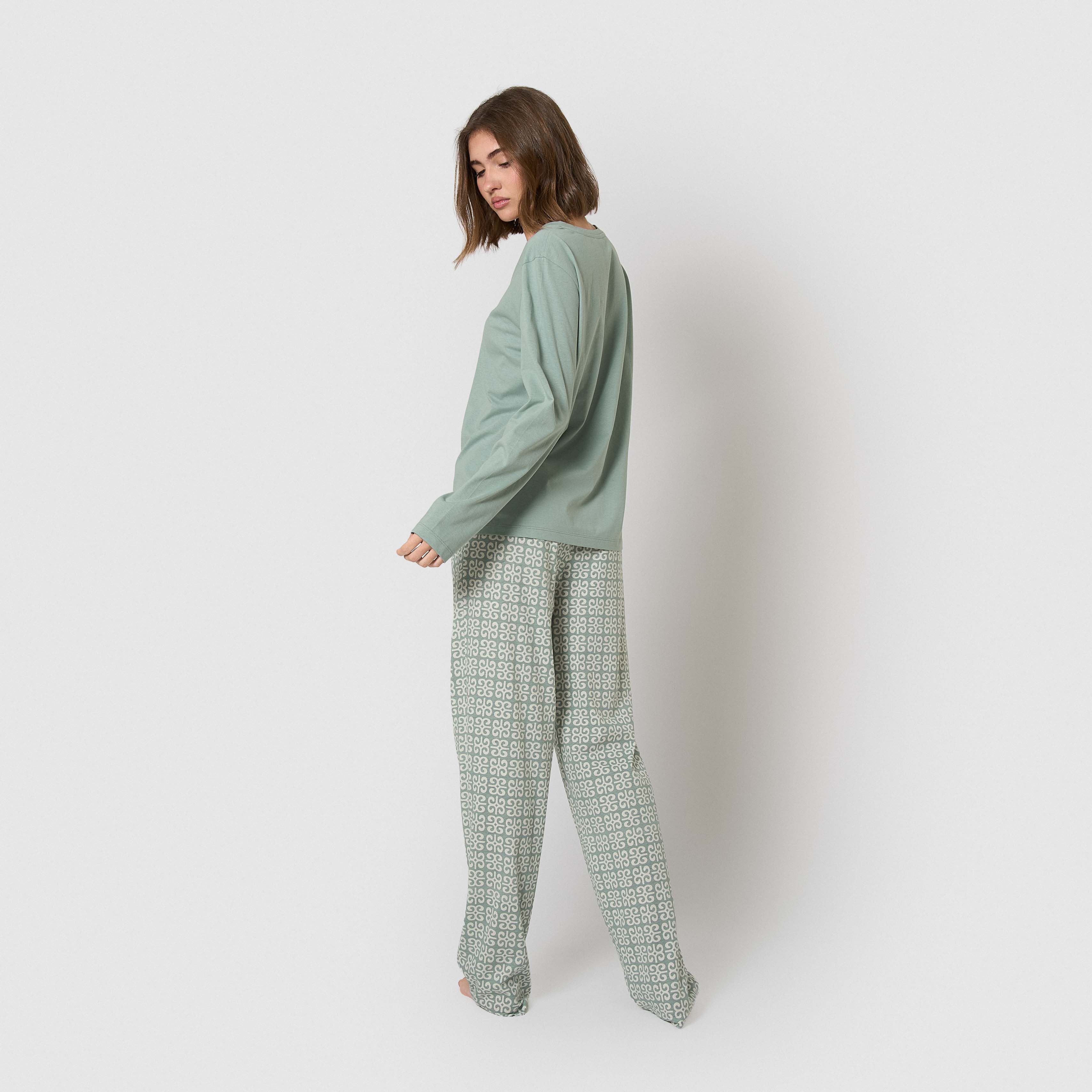 Pigiama lungo in cotone Sagittario verde Tiffany con scollo a V