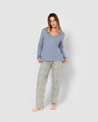 Pyjama long en coton bleu Irène à col en V