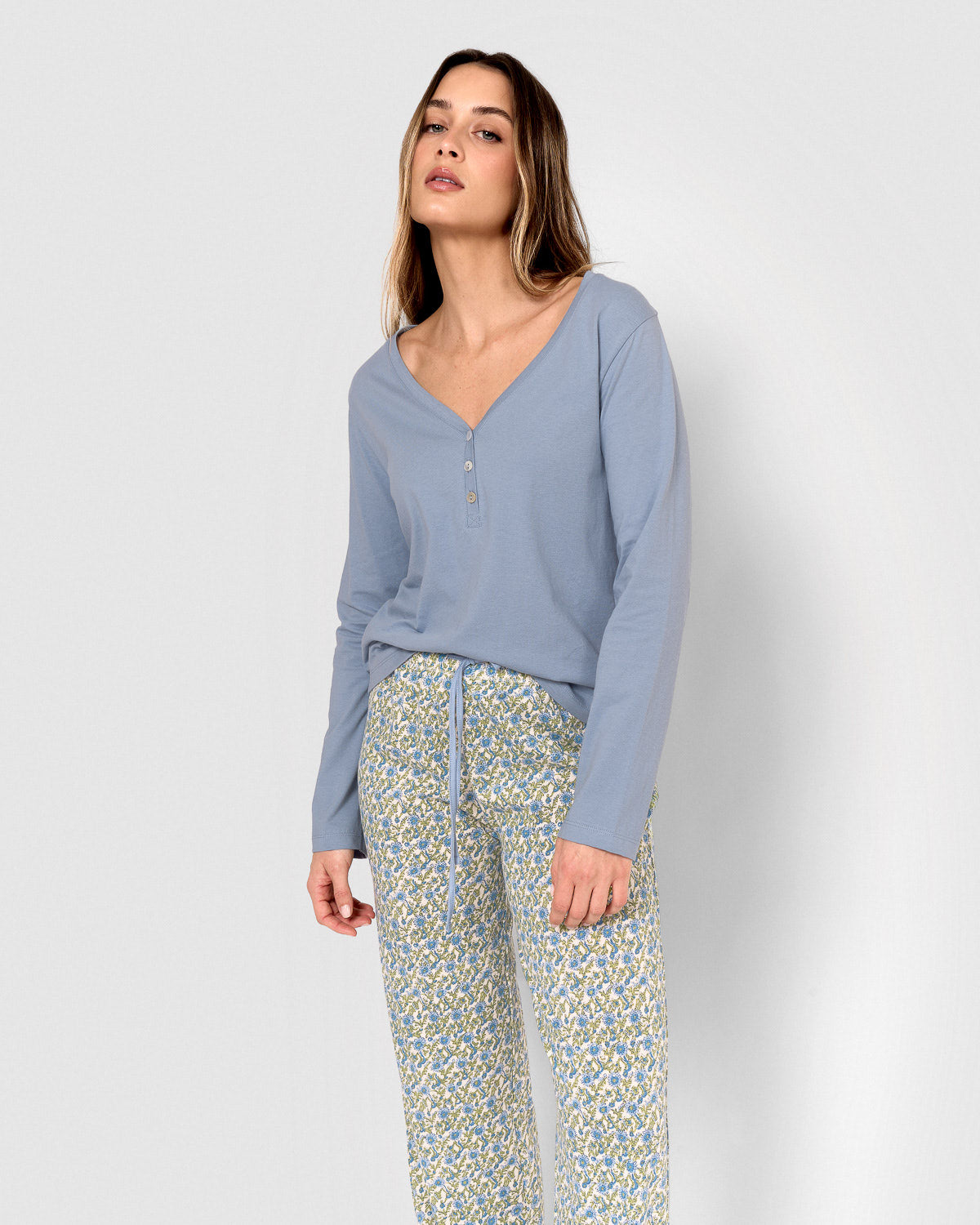Irene blue cotton long pajamas with V-neck