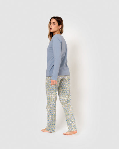 Pyjama long en coton bleu Irène à col en V