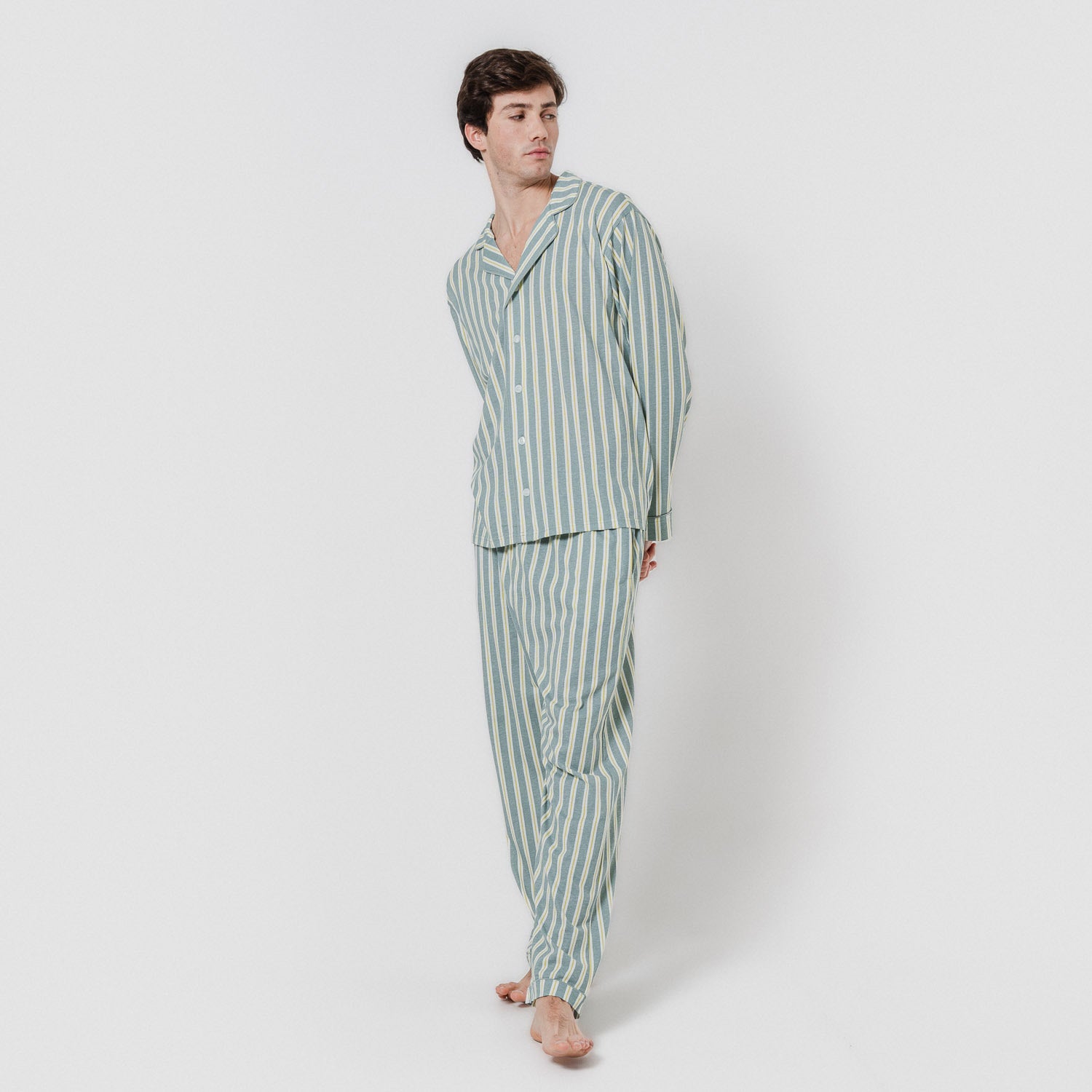 Pijama largo camisero algodón raya schon verde azulado