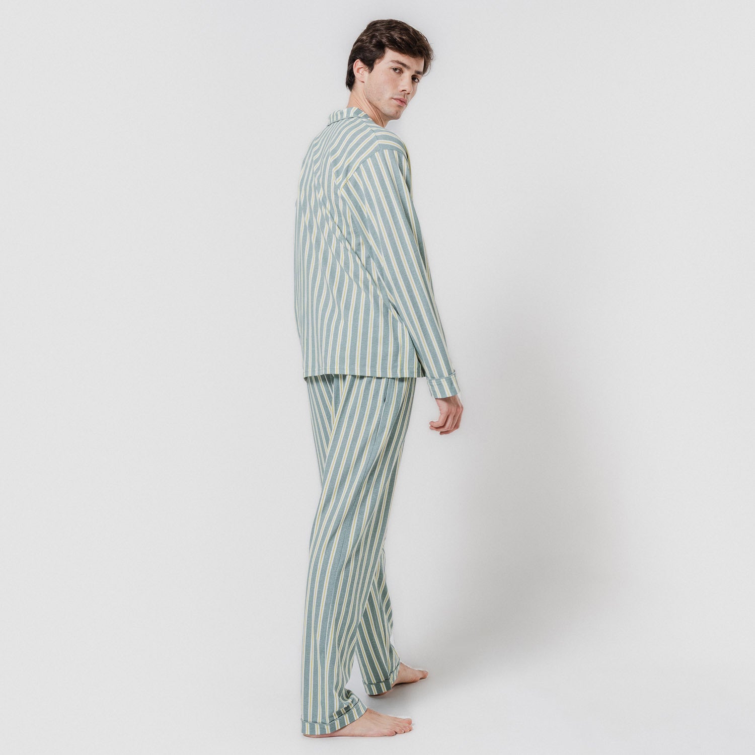 Pijama largo camisero algodón raya schon verde azulado