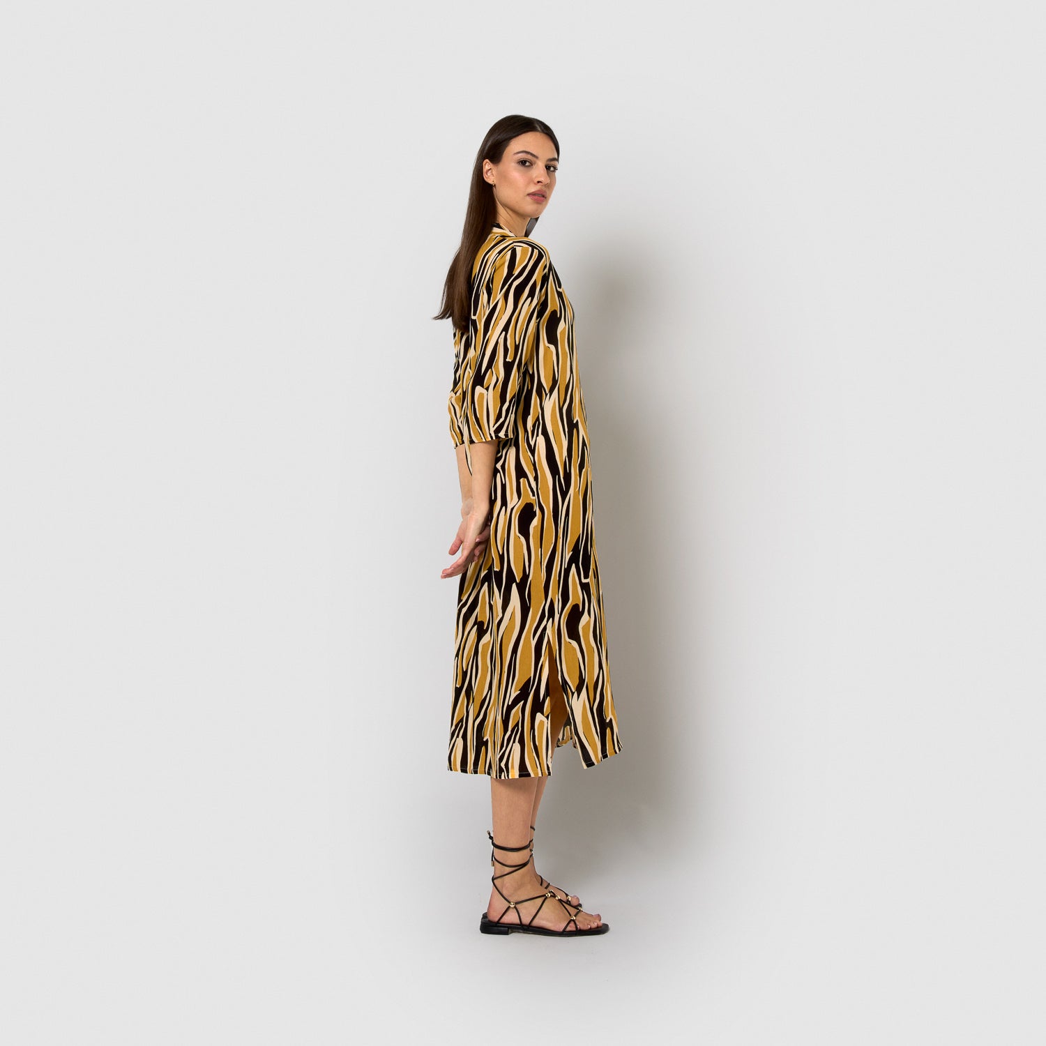 Vestido midi viscosa bambula europa beige/negro