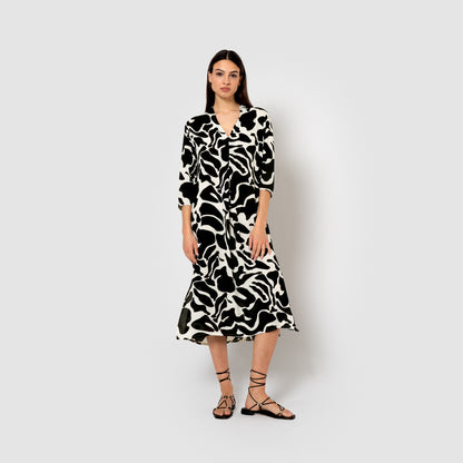 Vestido midi bambula detalles plisados tendis beige/negro