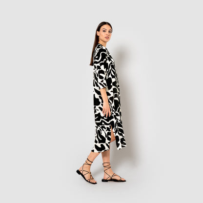Vestido midi bambula detalles plisados tendis beige/negro
