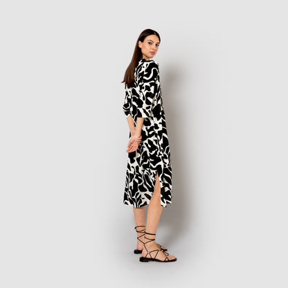 Vestido midi bambula detalles plisados tendis beige/negro