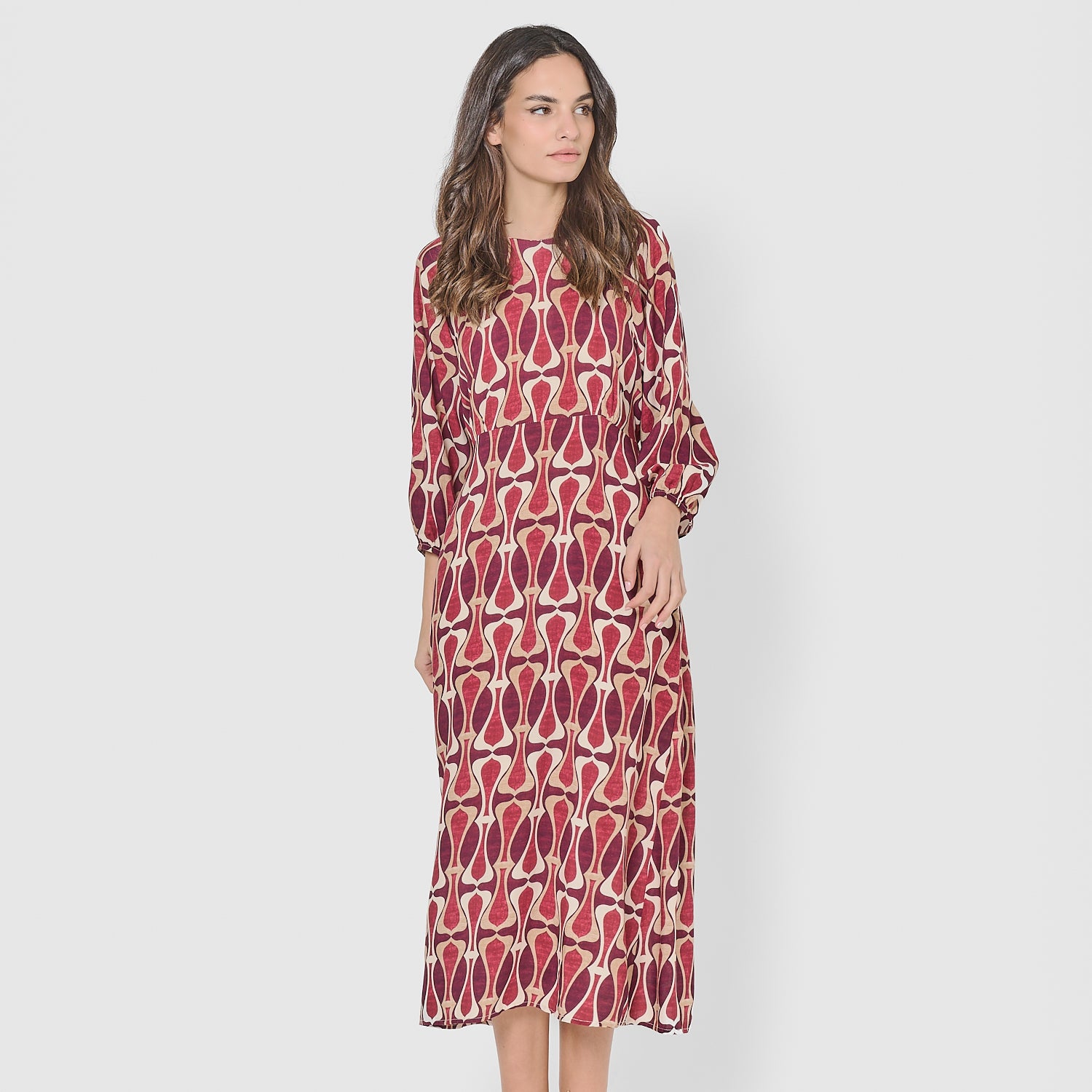 Vestido midi viscosa castelar burdeos