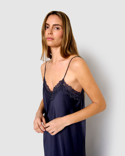 Camicia da notte midi in raso blu